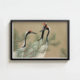 Black-framed Artwork Three Elegant Cranes Black White Plumage Kamisaka Sekka, Nihonga Artistry Meets Rinpa Elegance, Japanese Aesthetic