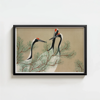 Black-framed Artwork Three Elegant Cranes Black White Plumage Kamisaka Sekka, Nihonga Artistry Meets Rinpa Elegance, Japanese Aesthetic