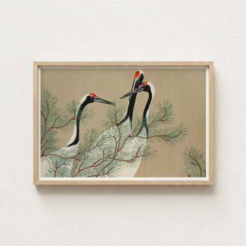 Framed Artwork Three Elegant Black-and-white Cranes Red Crowns Kamisaka Sekka, Nihonga Artistry Meets Rinpa Elegance, Japanese Aesthetic