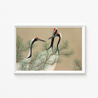 Framed Artwork Three Elegant Black-and-white Cranes Red Crowns Kamisaka Sekka, Nihonga Artistry Meets Rinpa Elegance, Japanese Aesthetic