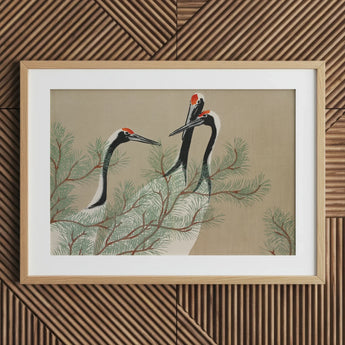 Cranes from Momoyogusa - Kamisaka Sekka Art Print / Canvas Framed Artwork Three Elegant Black-and-white Red Crowns, Nihonga Artistry Meets