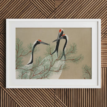 Cranes from Momoyogusa - Kamisaka Sekka Art Print / Canvas White-framed Artwork Three Elegant Black-and-white Red Crowns, Nihonga Artistry