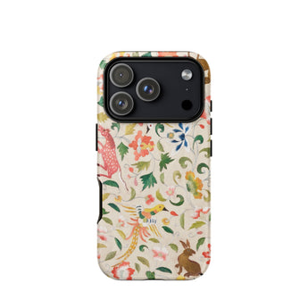 Crittersweet Symphony - Asian Fabric Art Phone Case Iphone 17 Pro / Matte Beige Floral Phone Case Animal Prints Matte Finish Crittersweet