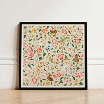Framed Artwork Vibrant Intricate Pattern Whimsical Animals Flowers Crittersweet Symphony, 12th-14th Century Asian Textile, Captivating