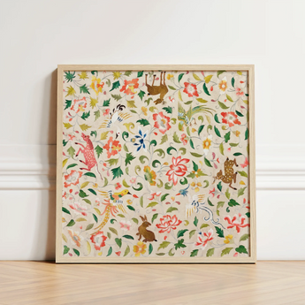 Square-framed Decorative Wall Art Vibrant Embroidered Pattern Whimsical Crittersweet Symphony, 12th-14th Century Asian Textile, Captivating