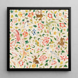 Crittersweet Symphony - Asian Fabric Art Print / Canvas Framed Artwork Vibrant Intricate Pattern Stylized Animals Flowers, 12th-14th