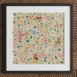 Crittersweet Symphony - Asian Fabric Art Print / Canvas Framed Artwork Vibrant Intricate Pattern Stylized Animals Flowers, 12th-14th