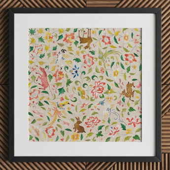 Crittersweet Symphony - Asian Fabric Art Print / Canvas Framed Artwork Vibrant Intricate Pattern Stylized Animals Flowers, 12th-14th