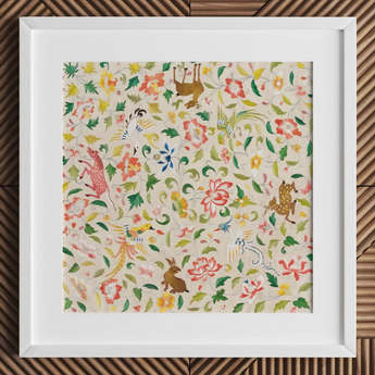 Crittersweet Symphony - Asian Fabric Art Print / Canvas Framed Piece Artwork Vibrant Intricate Pattern Colorful Flowers Crittersweet