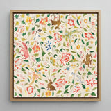 Crittersweet Symphony - Asian Fabric Art Print / Canvas Square-framed Artwork Vibrant Embroidered-style Pattern Colorful Flowers Whimsical,
