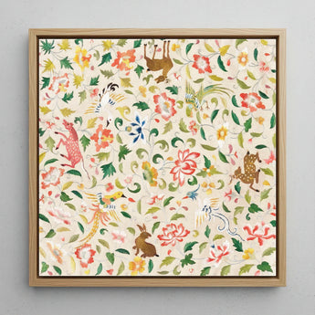 Crittersweet Symphony - Asian Fabric Art Print / Canvas Square-framed Artwork Vibrant Embroidered-style Pattern Colorful Flowers Whimsical,