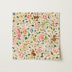 Crittersweet Symphony - Asian Fabric Art Print / Canvas Square Napkin Vibrant Whimsical Pattern Colorful Flowers Playful, 12th-14th Century