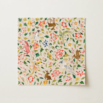 Crittersweet Symphony - Asian Fabric Art Print / Canvas Square Napkin Vibrant Whimsical Pattern Colorful Flowers Playful Crittersweet