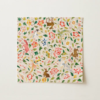 Crittersweet Symphony - Asian Fabric Art Print / Canvas Square Napkin Vibrant Whimsical Pattern Colorful Flowers Playful, 12th-14th Century