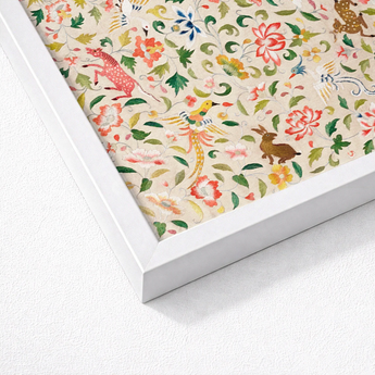 Framed Artwork Vibrant Intricate Floral Fauna Pattern Stylized Crittersweet Symphony, 12th-14th Century Asian Textile, Captivating