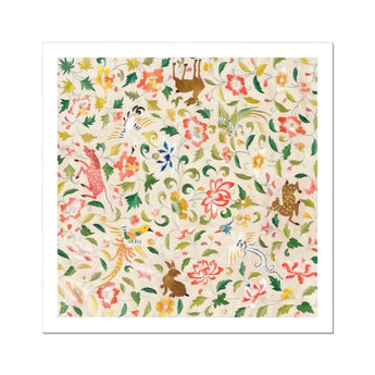 Crittersweet Symphony - Asian Fabric Art Print / Canvas Whimsical Floral Pattern Woodland Creatures Among Vines Blooms, 12th-14th Century