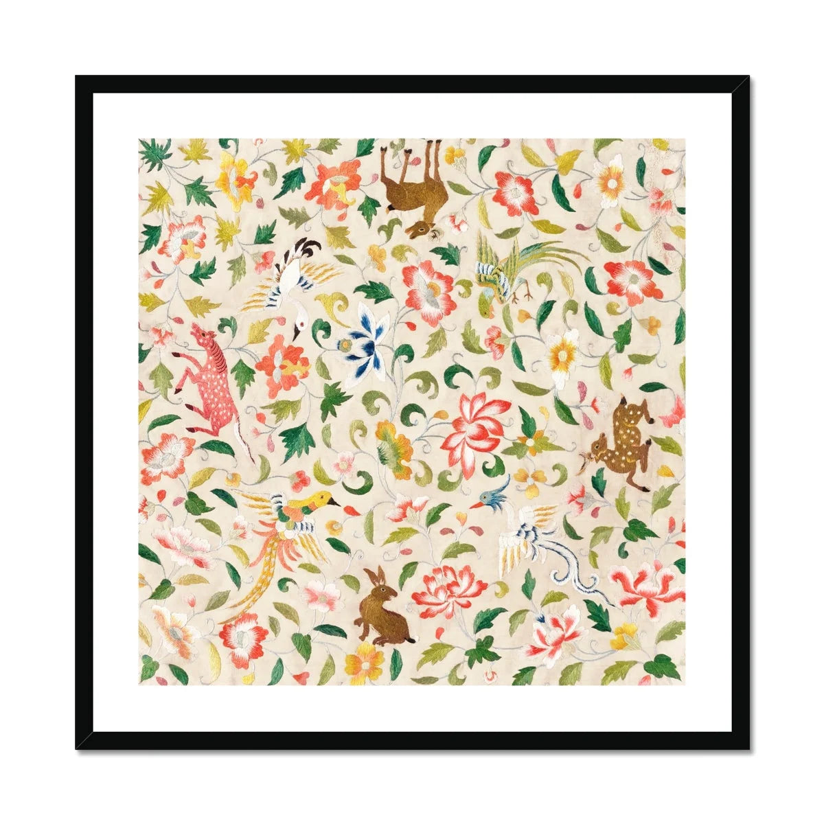 Crittersweet Symphony Asian Fabric Art Print, Floral Pattern Playful Monkeys Birds Among Colorful Blooms