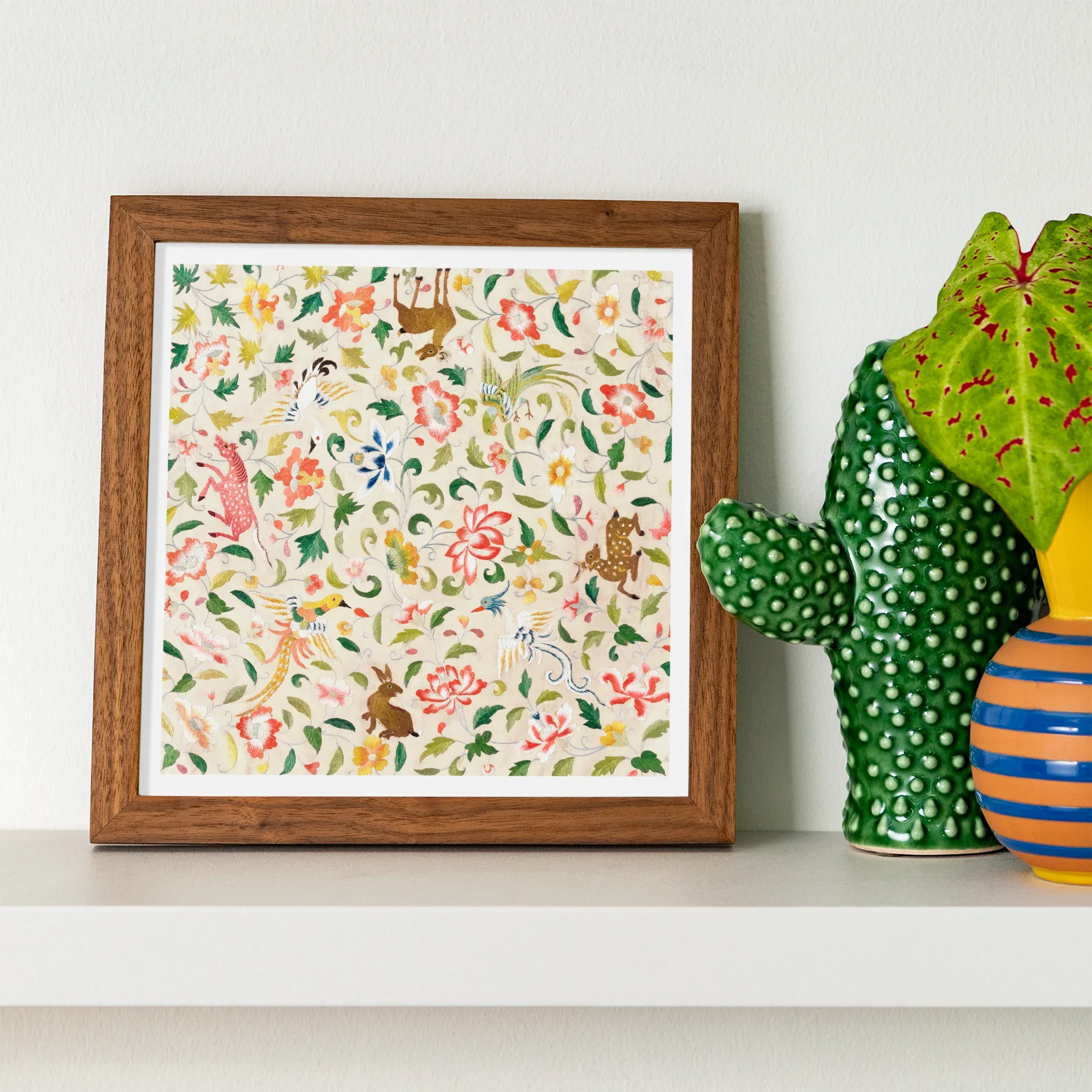 Crittersweet Symphony Asian Fabric Art Print, Framed Floral Artwork Pink Flowers Brown Monkeys Scattered