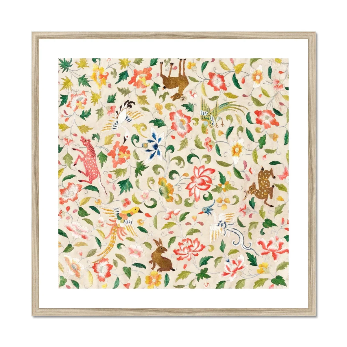 Crittersweet Symphony Asian Fabric Art Print, Framed Floral Pattern Artwork Whimsical Animals Among Pink