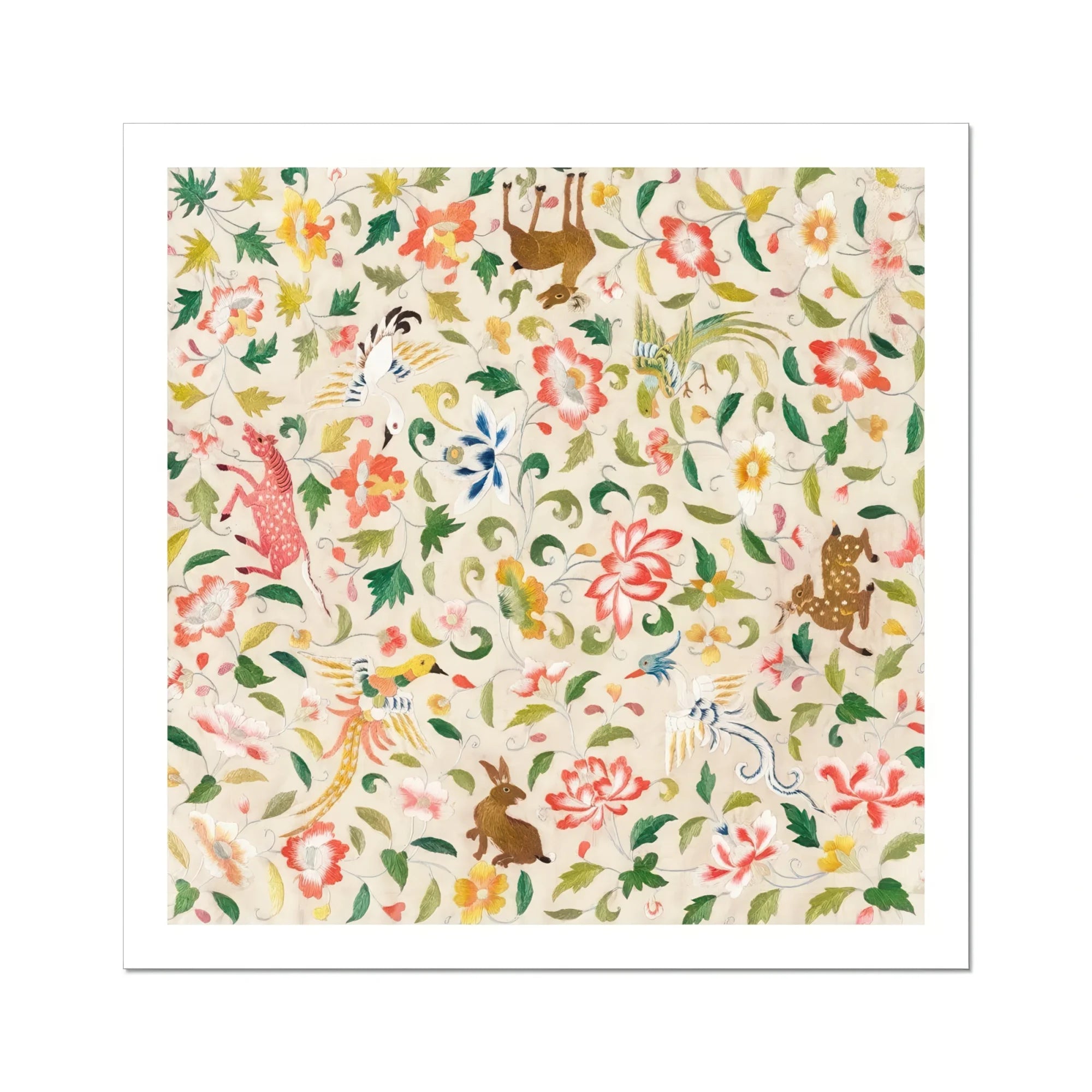 Crittersweet Symphony Asian Fabric Art Print, Whimsical Floral Pattern Woodland Creatures Among Vines Blooms