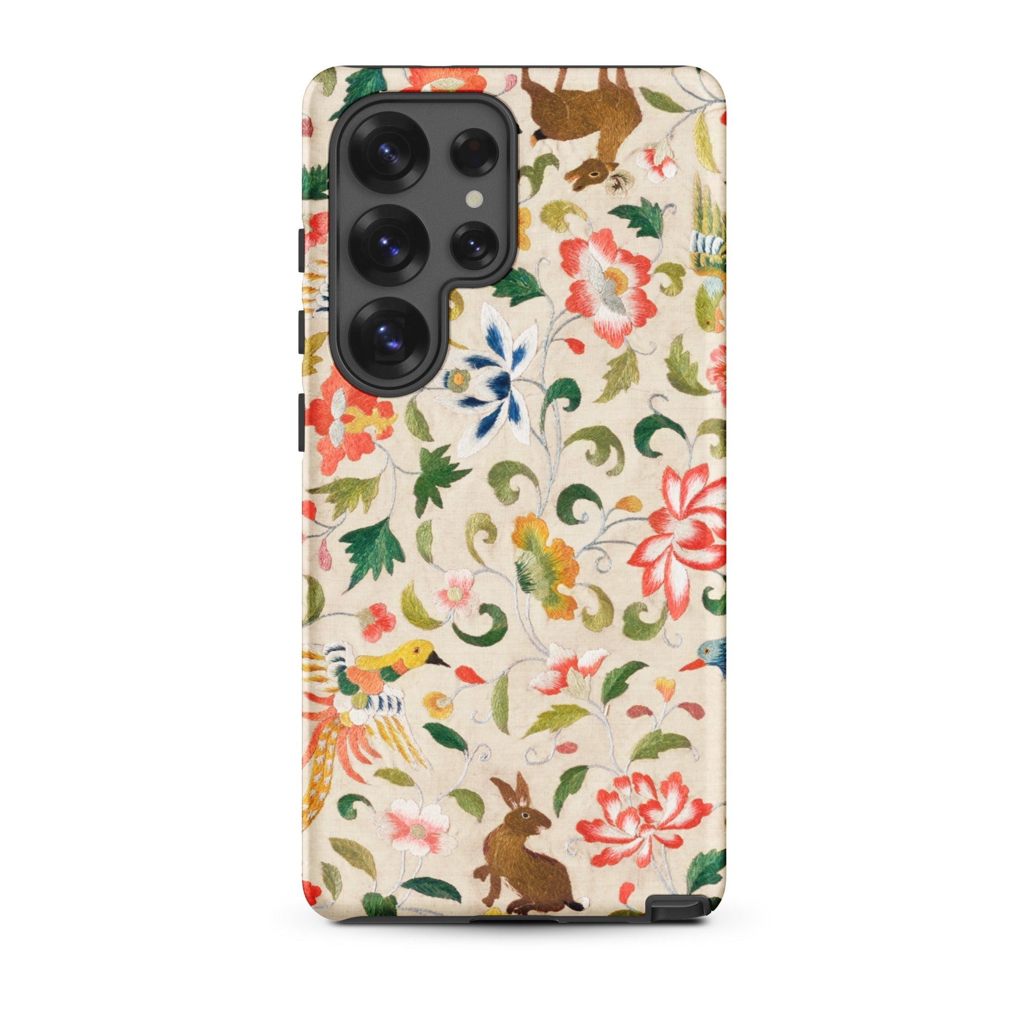 Crittersweet Symphony Asian Fabric Art Samsung Case, Galaxy S25 Ultra / Matte, Phone Case Colorful Floral Animal Pattern