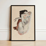 Crouching Nude in Shoes and Black Stockings - Egon Schiele Art Print / Canvas Framed Abstract Watercolor Painting Figure Soft Blended Hues,