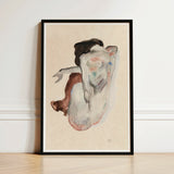 Crouching Nude in Shoes and Black Stockings - Egon Schiele Art Print / Canvas Abstract Watercolor Painting Sleek Frame Soft Washes,