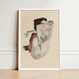 Crouching Nude in Shoes and Black Stockings - Egon Schiele Art Print / Canvas Framed Abstract Watercolor Painting Figure Soft Beige,