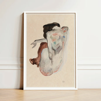 Crouching Nude in Shoes and Black Stockings - Egon Schiele Art Print / Canvas Framed Abstract Watercolor Painting Figure Soft Beige,