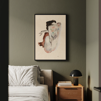 Crouching Nude in Shoes and Black Stockings - Egon Schiele Art Print / Canvas Framed Abstract Watercolor Painting Figure Soft Earth Tones,