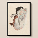 Crouching Nude in Shoes and Black Stockings - Egon Schiele Art Print / Canvas Abstract Watercolor Painting Frame Soft Washes White,