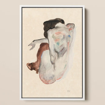 Crouching Nude in Shoes and Black Stockings - Egon Schiele Art Print / Canvas Framed Abstract Watercolor Painting Figure Soft Blended