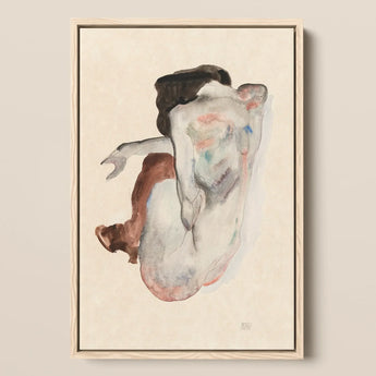 Crouching Nude in Shoes and Black Stockings - Egon Schiele Art Print / Canvas Framed Abstract Watercolor Painting Fluid Expressive Figure