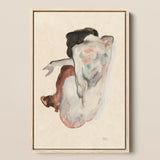 Crouching Nude in Shoes and Black Stockings - Egon Schiele Art Print / Canvas Framed Abstract Watercolor Painting Fluid Expressive Figure