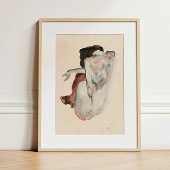 Crouching Nude in Shoes and Black Stockings - Egon Schiele Art Print / Canvas Framed Watercolor Painting Figure Motion Rendered Soft,