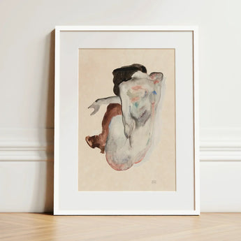 Crouching Nude in Shoes and Black Stockings - Egon Schiele Art Print / Canvas Framed Watercolor Painting Figure Soft Muted Tones Clean,
