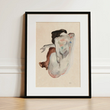 Crouching Nude in Shoes and Black Stockings - Egon Schiele Art Print / Canvas Framed Watercolor Painting Figure Soft Muted Tones Sleek