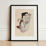 Crouching Nude in Shoes and Black Stockings - Egon Schiele Art Print / Canvas Framed Watercolor Painting Figure Soft Muted Tones Sleek,