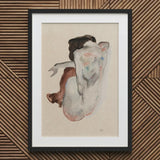 Crouching Nude in Shoes and Black Stockings - Egon Schiele Art Print / Canvas Framed Watercolor Painting Figure Soft Muted Tones Subtle,