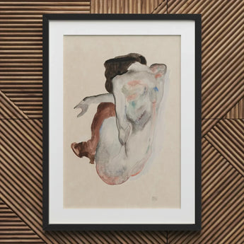 Crouching Nude in Shoes and Black Stockings - Egon Schiele Art Print / Canvas Framed Watercolor Painting Figure Soft Muted Tones Subtle,