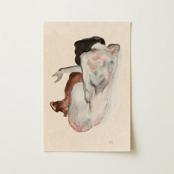 Crouching Nude in Shoes and Black Stockings - Egon Schiele Art Print / Canvas Soft Watercolor Painting Textured Paper Depicts Abstract,
