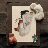 Crouching Nude in Shoes and Black Stockings - Egon Schiele Art Print / Canvas Watercolor Painting Nude Figure Soft Blended Washes Earthy