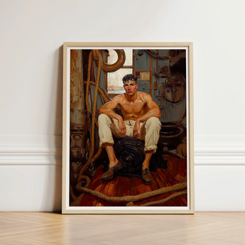 Framed Painting Muscular Man White Trousers Brown Boots Gay Navy Sea, Queen, Art