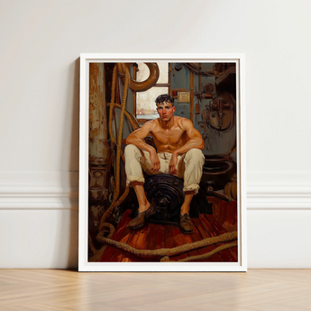 White-framed Artwork Muscular Shirtless Man Beige Trousers Seated Gay Navy Sea, Queen, Art
