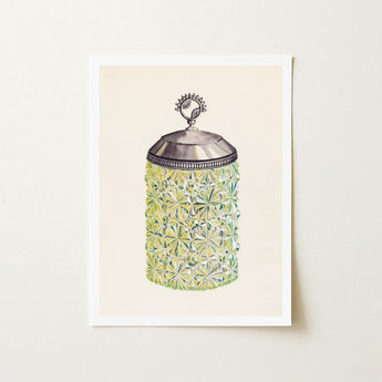 Cut Glass Jelly Jar - Dorothy Posten Decorative Art Print / Canvas Vintage-style Green Cut-glass Silver-toned Lid Ornate Handle Posten’s,