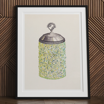 Cut Glass Jelly Jar - Dorothy Posten Decorative Art Print, Ornate Glass Jar Metal Lid Decorative Green Floral
