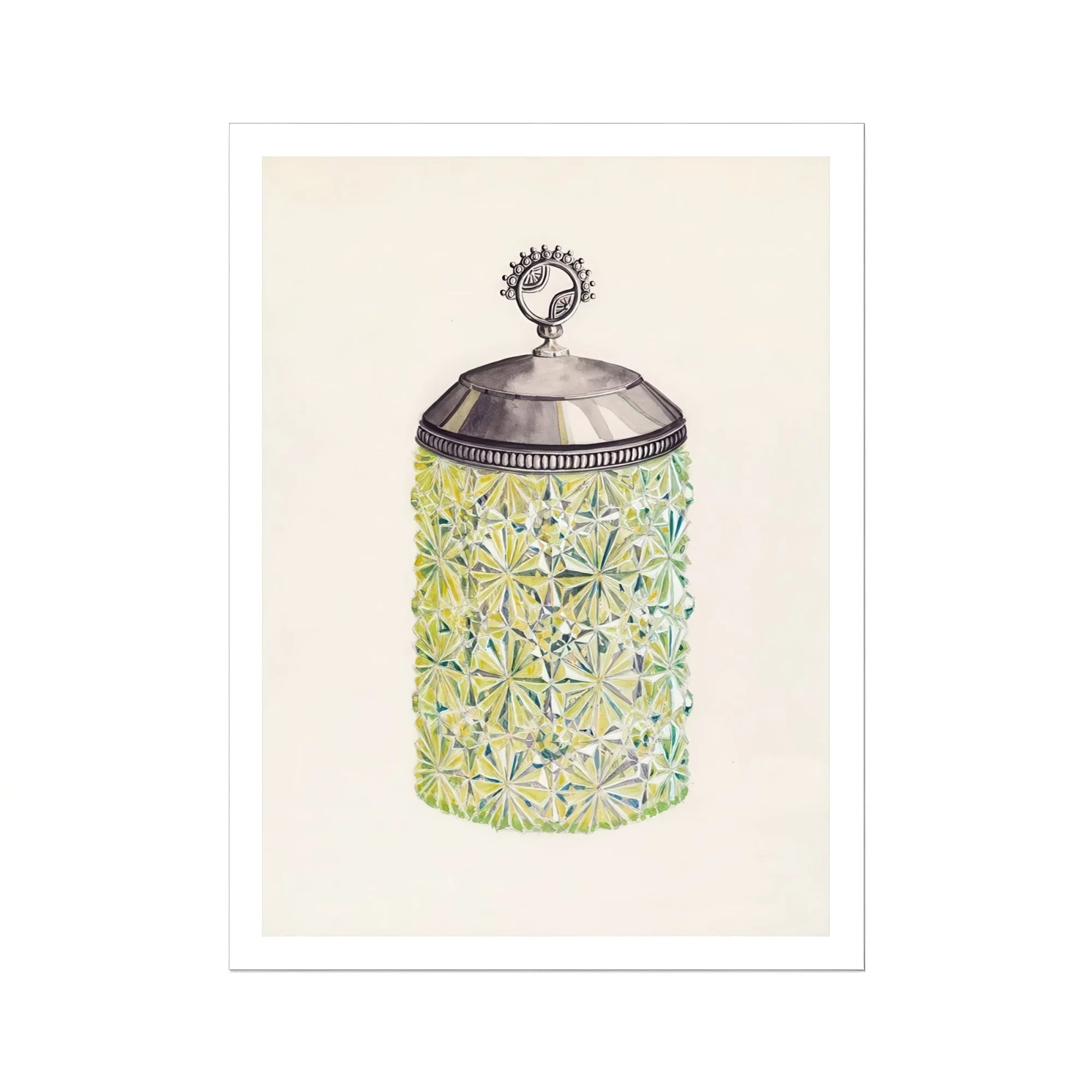 Cut Glass Jelly Jar - Dorothy Posten Decorative Art Print, Decorative Glass Jar Silver Lid Green Floral Pattern