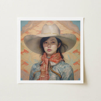 Dai Lu - Gaysian Lesbian Cowgirl Art Print / Canvas Framed Artwork Woman Wide-brimmed White Cowboy Hat Orange, Elegant Outlaw Reminding,