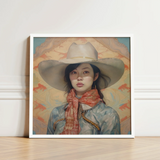 Framed Artwork Woman Wide-brimmed White Hat Patterned Scarf Gaysian Lesbian Cowgirl, Elegant Outlaw Reminding, Spirit’s Queer