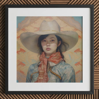 Dai Lu - Gaysian Lesbian Cowgirl Art Print / Canvas Cowboy Hat Wide Brim Orange Scarf Light Blue, Elegant Outlaw Reminding, Spirit’s Queer